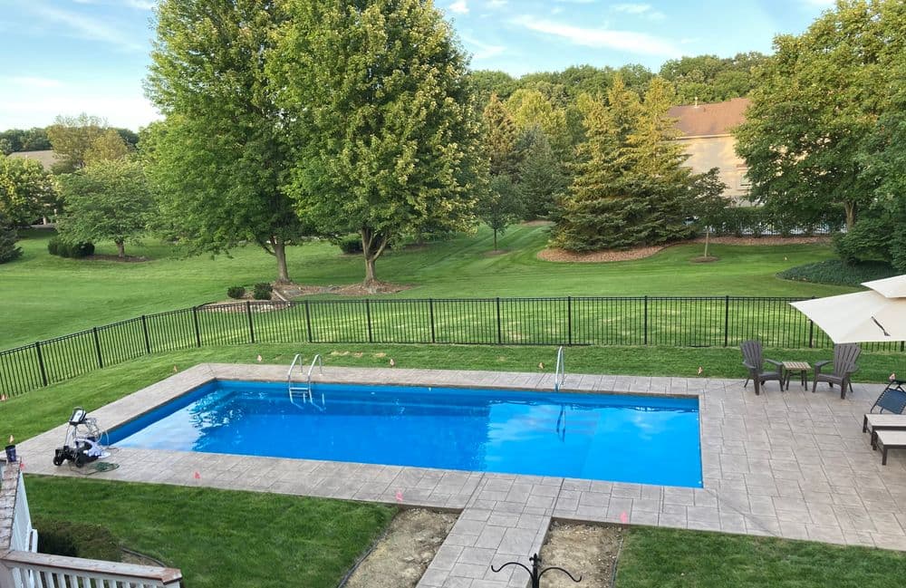 Vibrant backyard with a clean blue swimming pool, green lawn, and trees in a serene setting.
