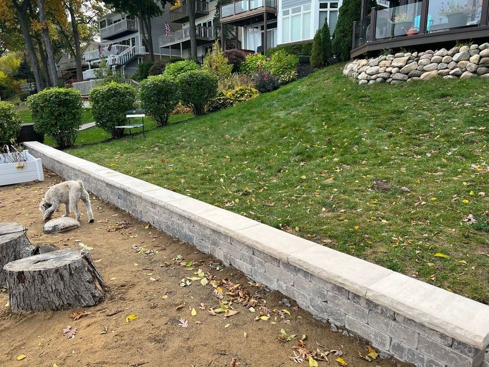 Landscaped yard with stone wall, grassy area, and a dog near wooden stumps.